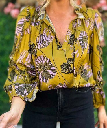 Yellow Vintage Floral V Neck Ruffle Trim Long Sleeve Blouse